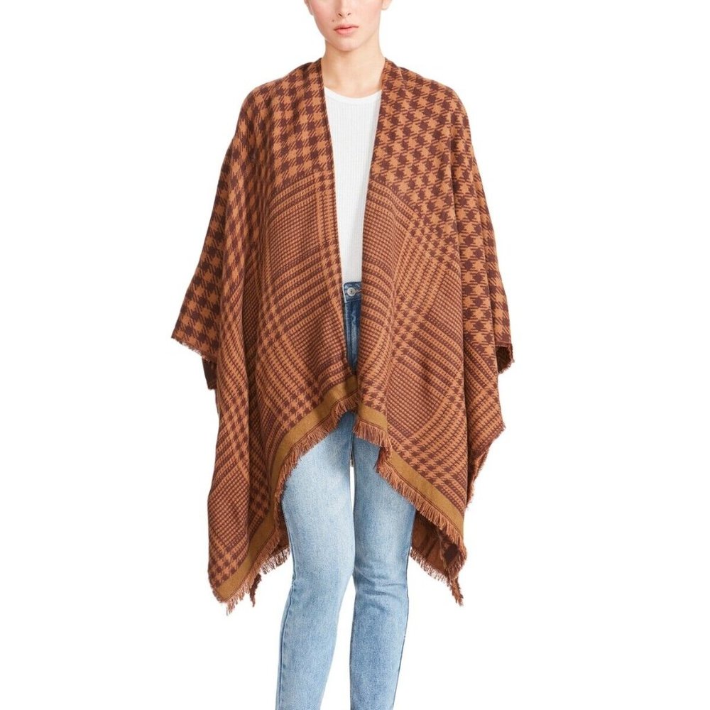 Steve Madden Multi-Plaid Ruana Brown Tan Olive Poncho Shawl One Size - Picture 6 of 11